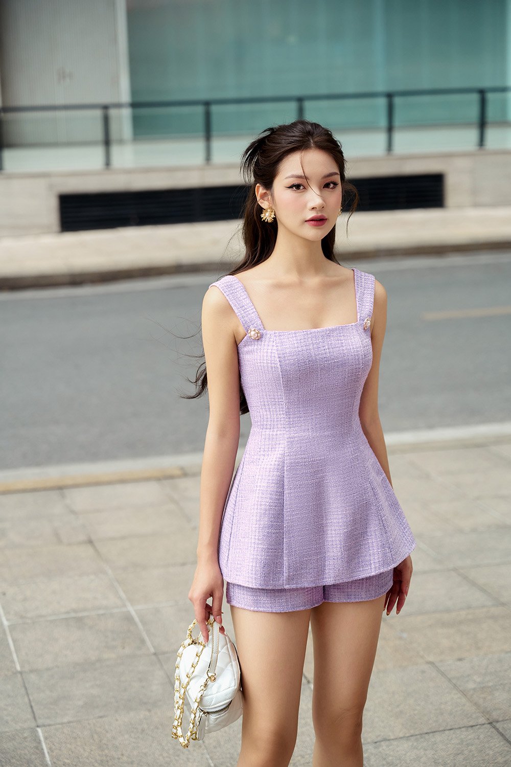 Olivia Peplum Tweed Romper in Light Amethyst