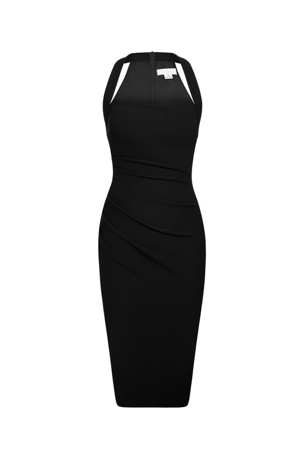 Baelin Padded Halter Ruched Midi Dress in Classic Black 