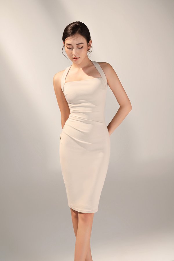Baelin Padded Halter Ruched Midi Dress in Ivory