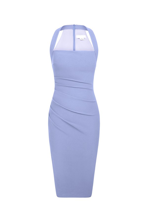 Baelin Padded Halter Ruched Midi Dress in Periwinkle Blue