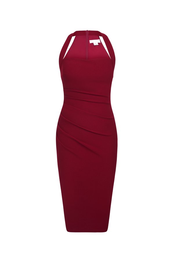 Baelin Padded Halter Ruched Midi Dress in Wine Red