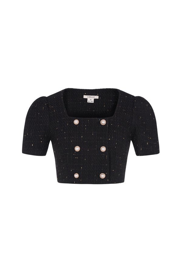 Blaire Double Breasted Tweed Cropped Top in Black Gold