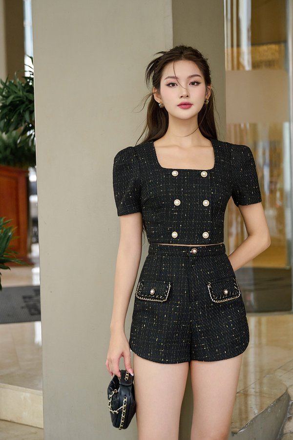 Delphine Tweed Shorts in Black Gold