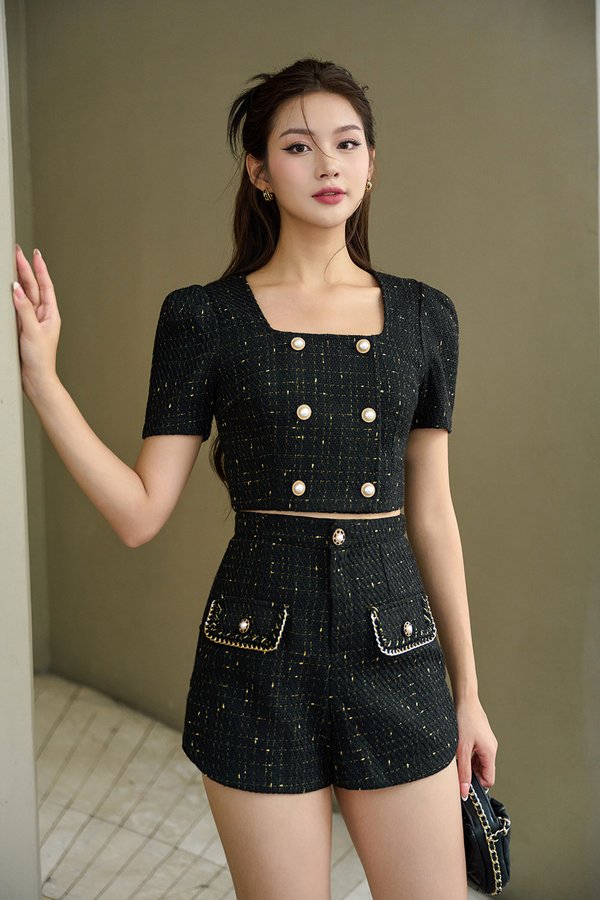 Blaire Double Breasted Tweed Cropped Top in Black Gold