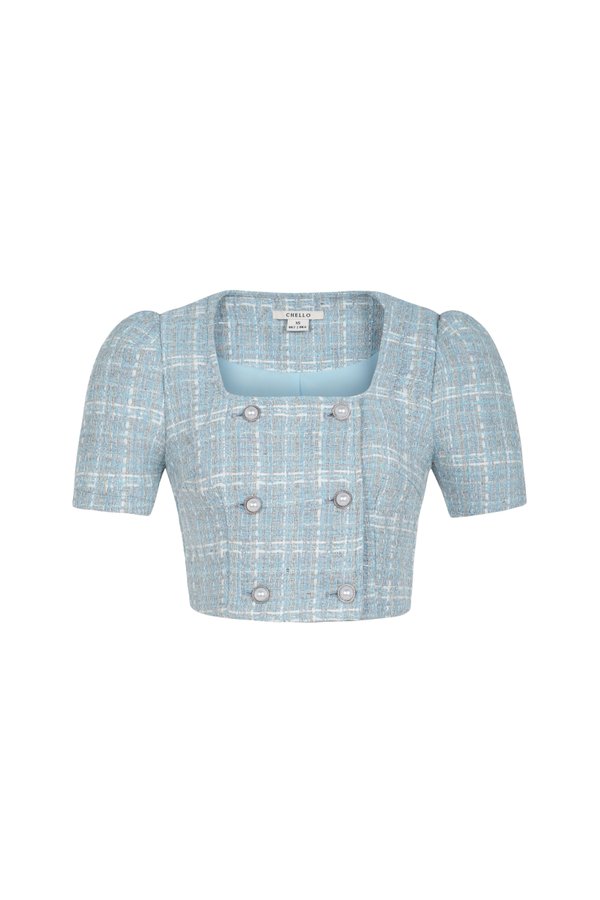 Blaire Double Breasted Tweed Cropped Top in Sky Blue