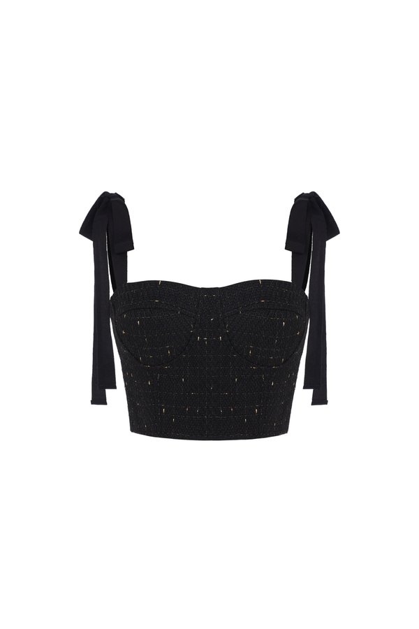Estelle Tweed Bustier Top with Ribbon Straps in Black Gold
