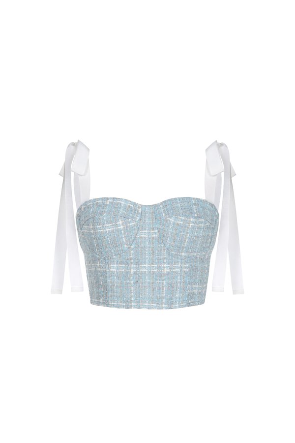 Estelle Tweed Bustier Top with Ribbon Straps in Sky Blue
