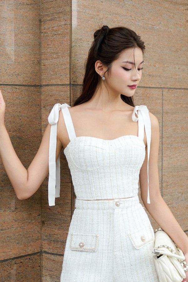 Estelle Tweed Bustier Top with Ribbon Straps in White Gold
