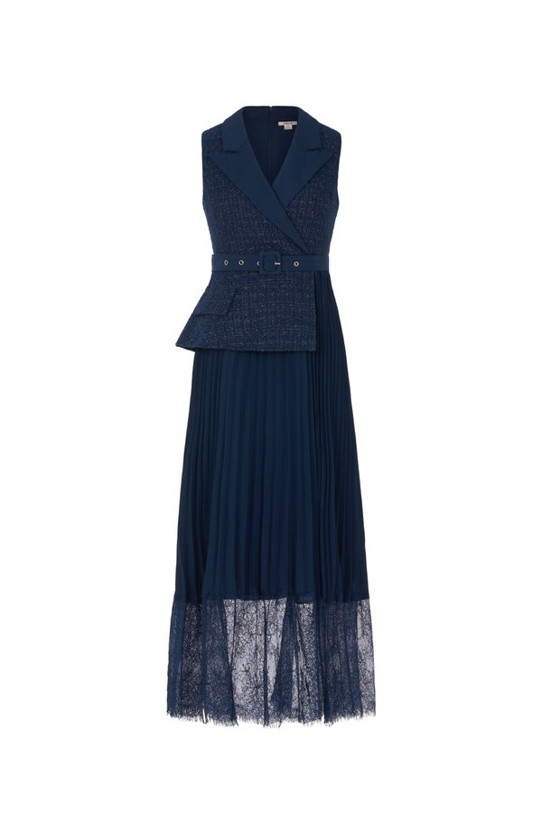 Lexi Waistcoat & Lace Pleats Dress in Constellation Blue Tweed