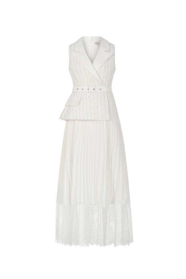 Lexi Waistcoat & Lace Pleats Dress in White Gold Tweed