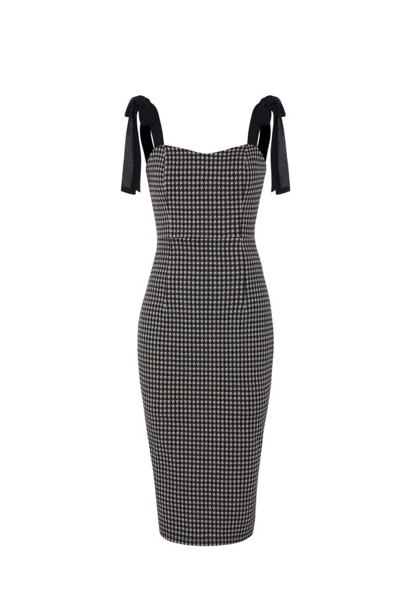 Abilene Houndstooth Pencil Dress with Ribbon Straps in Black Houndstooth