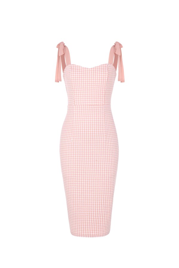 Abilene Houndstooth Pencil Dress with Ribbon Straps in Rose Pink Houndstooth