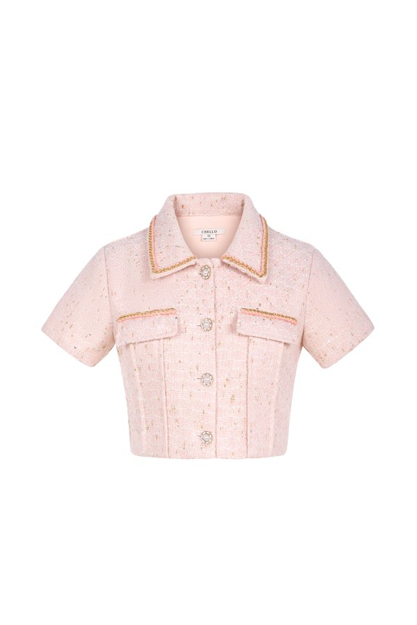 Pearlyn Collared Tweed Cropped Top in Rose Quartz