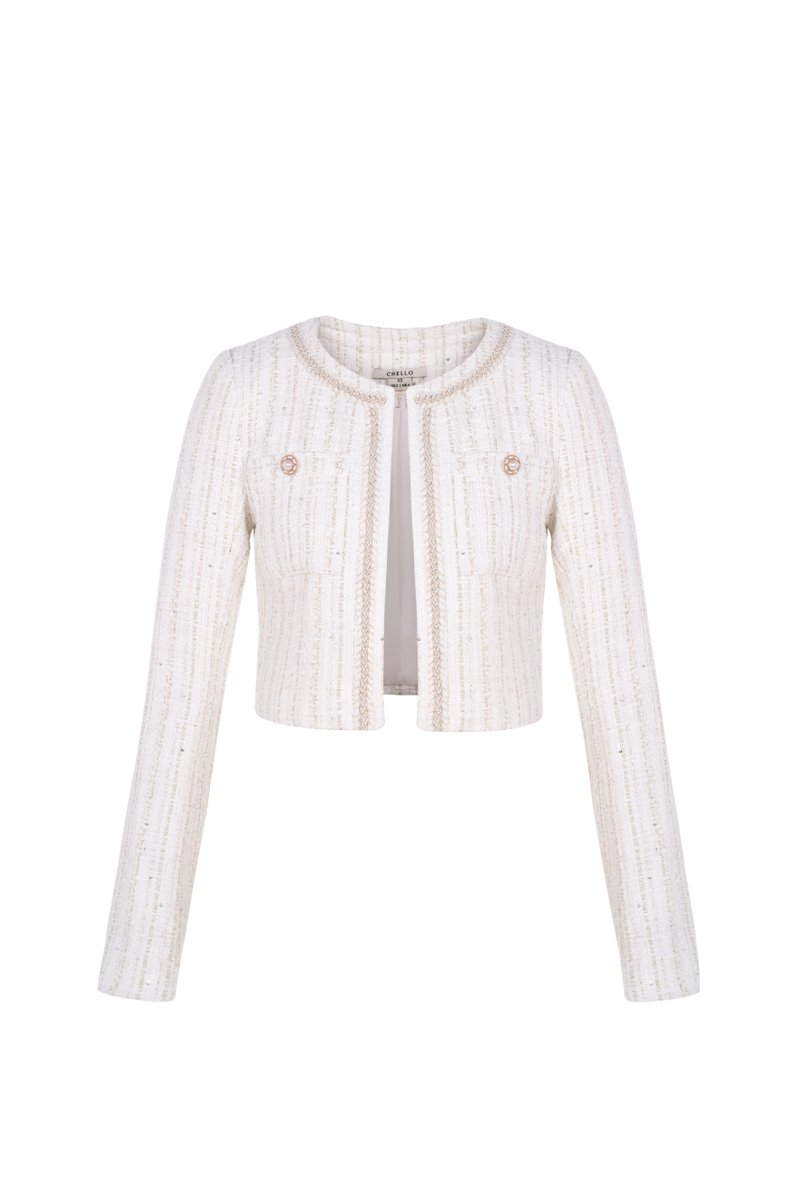 Leonara Tweed Cropped Jacket in White Gold | Chello
