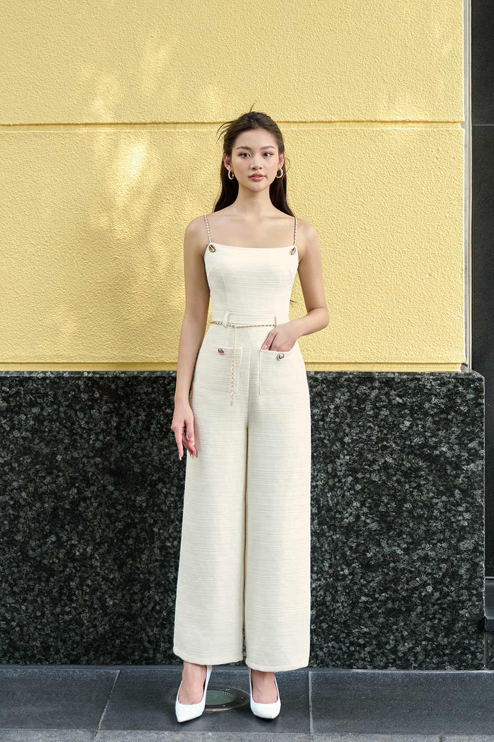 Elowyn Tweed Jumpsuit with Chain Belt in Ivory Cream Tweed