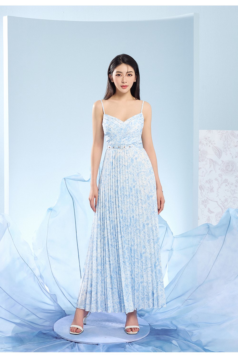 Eden Pleated Maxi Dress in Soft Blue Toile de Jouy