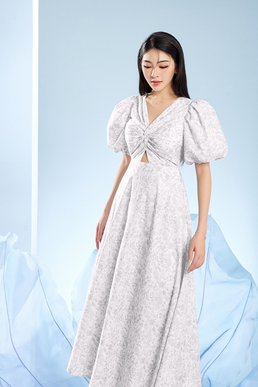 Ellie Puffy Sleeves Midi Dress in Grey Toile de Jouy