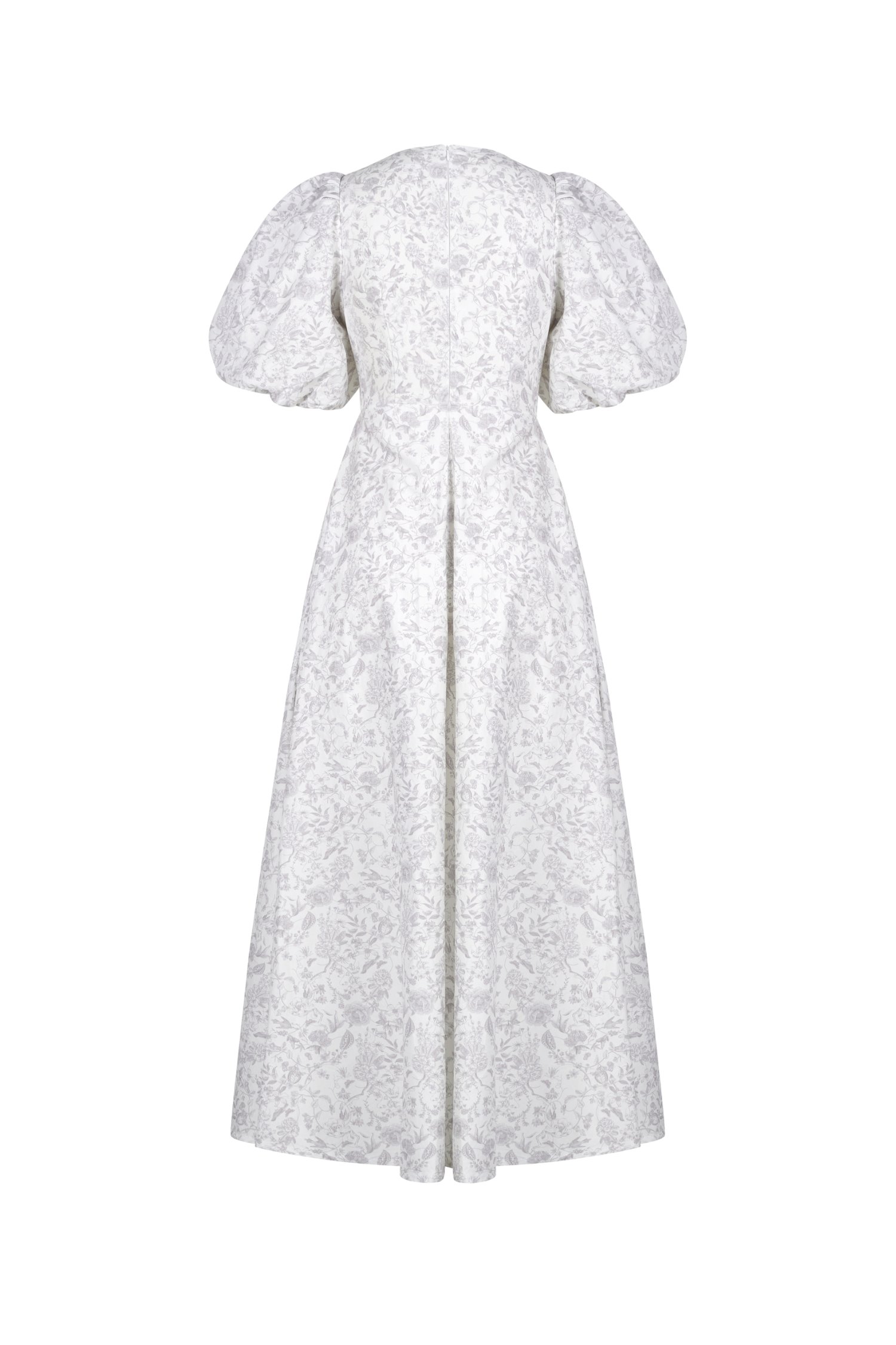 Ellie Puffy Sleeves Midi Dress in Grey Toile de Jouy