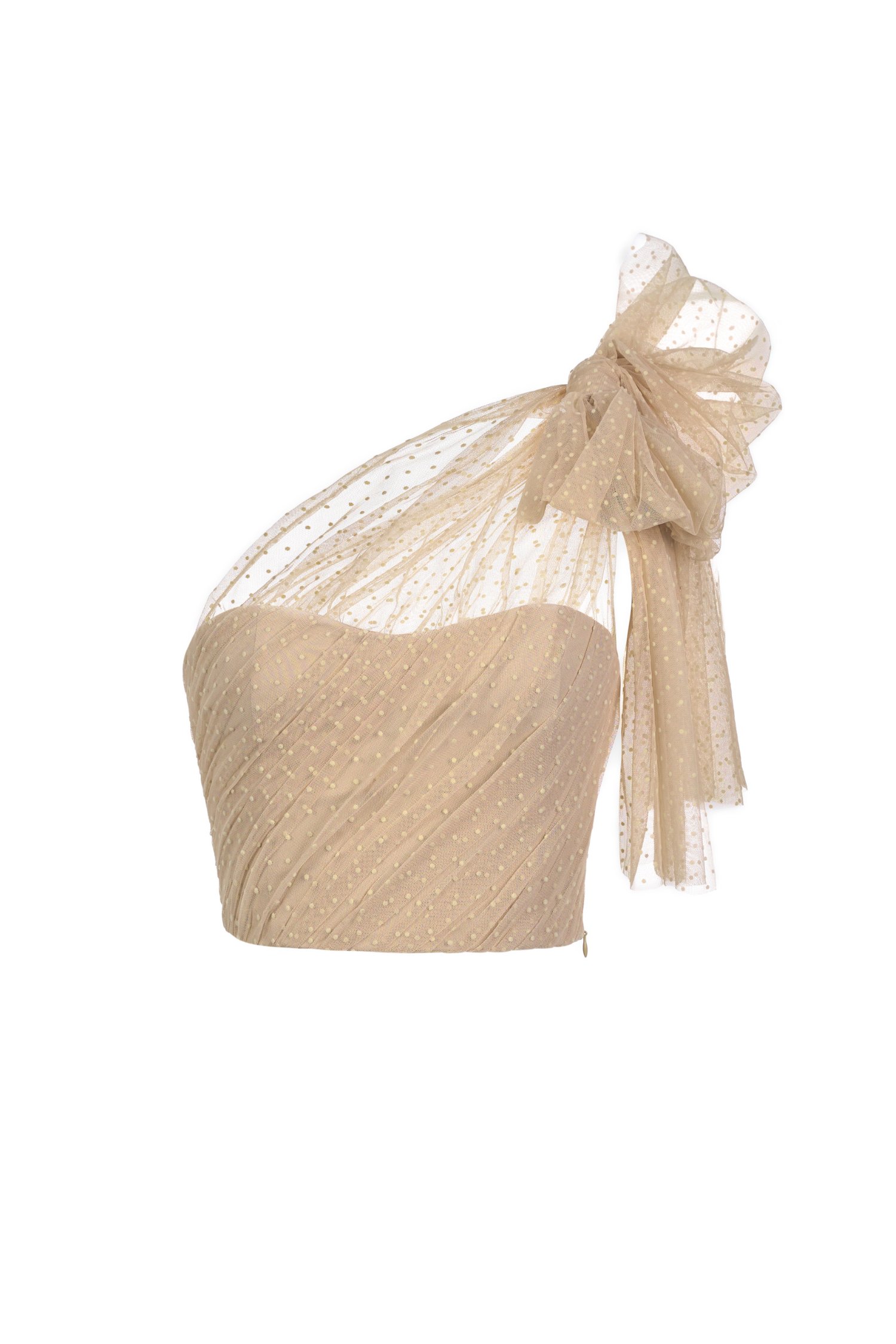 Ember Tulle Detachable Bow Toga Cropped Top in Nude