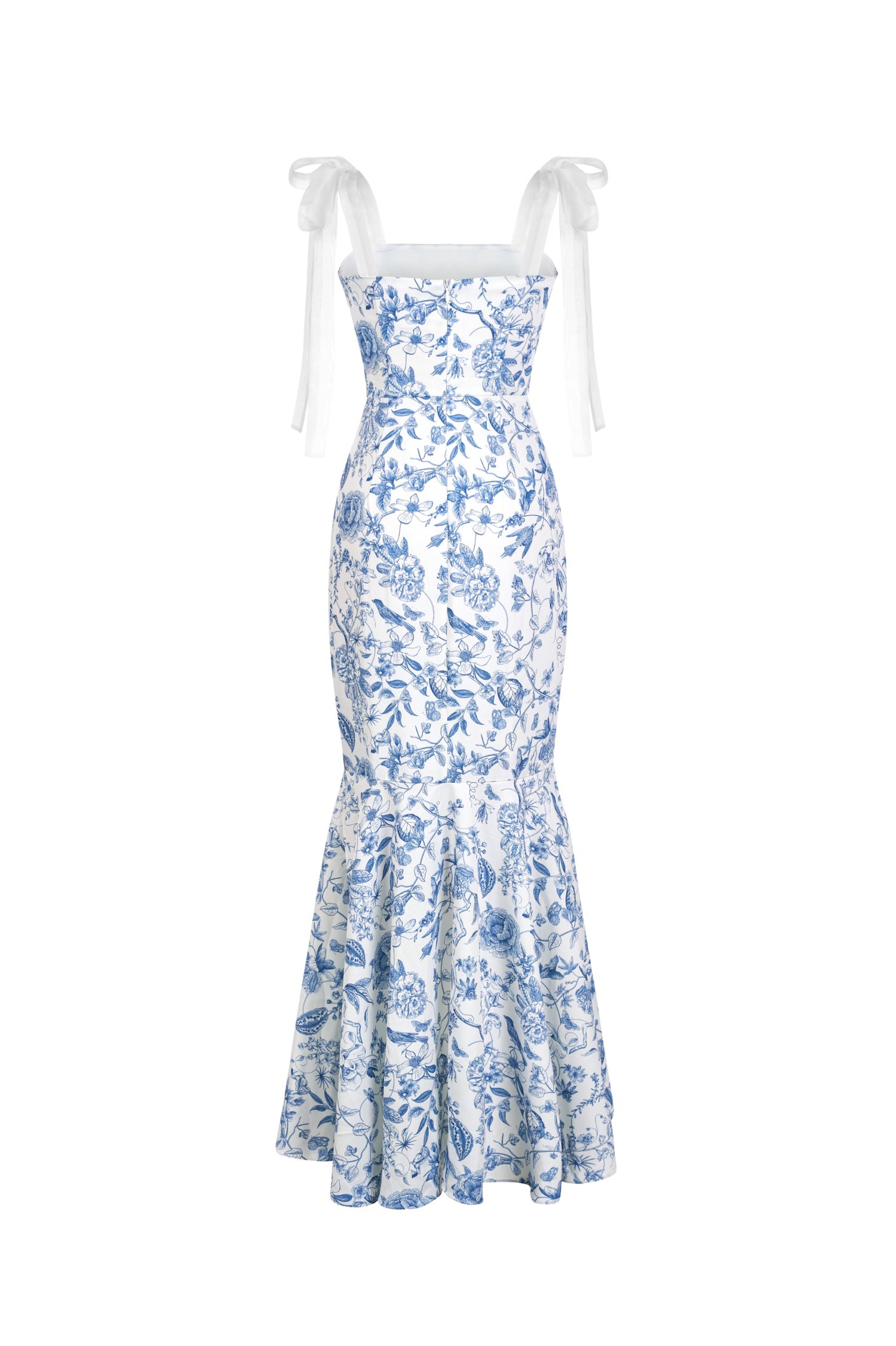 Everlee Movement Mermaid Dress with Organza Ribbon Straps in Avery Blue &Eacute;clat Toile de Jouy