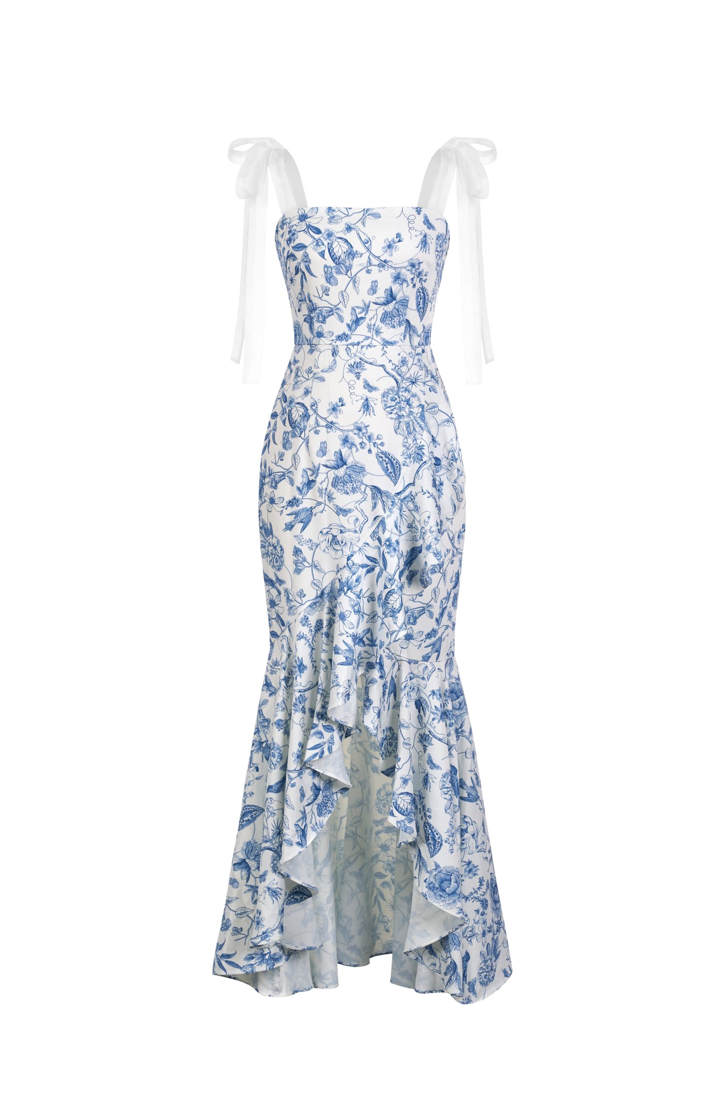 Everlee Movement Mermaid Dress with Organza Ribbon Straps in Avery Blue &Eacute;clat Toile de Jouy