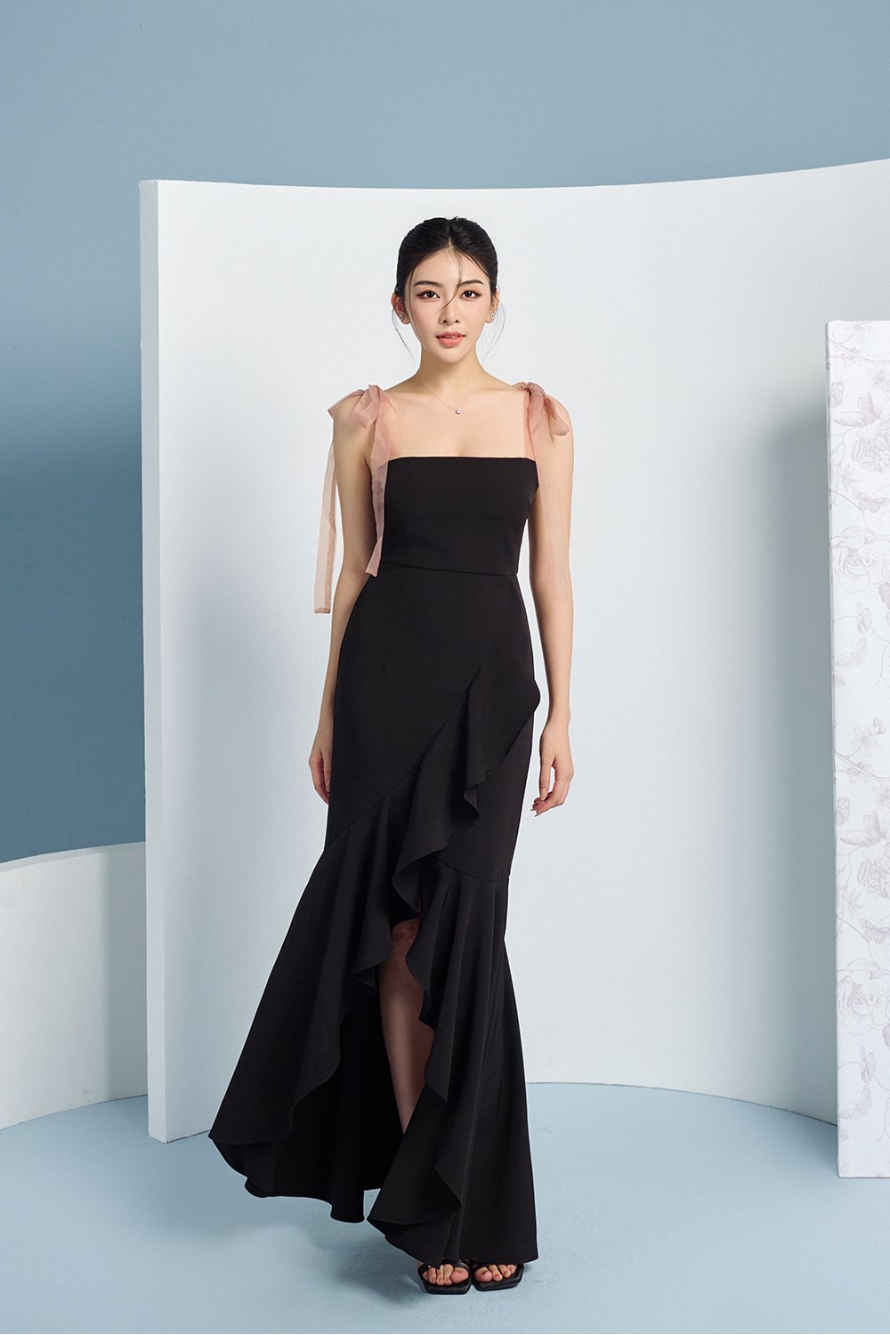 Everlee Movement Mermaid Dress with Organza Ribbon Straps in Classic Black