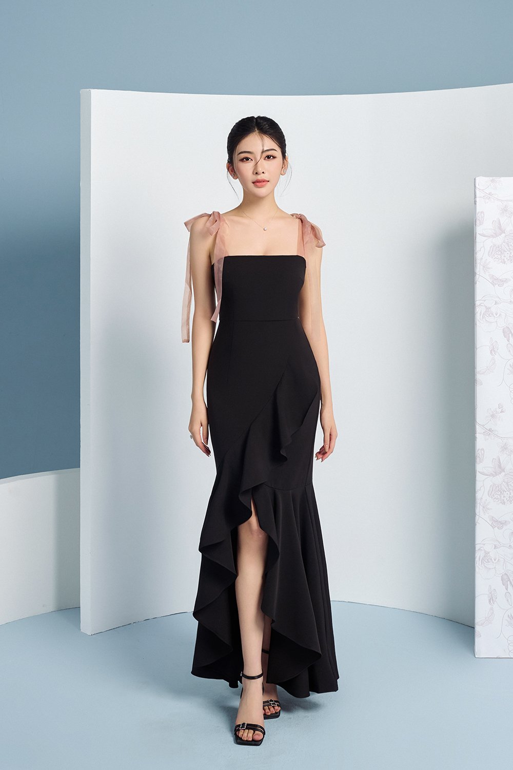 Everlee Movement Mermaid Dress with Organza Ribbon Straps in Classic Black