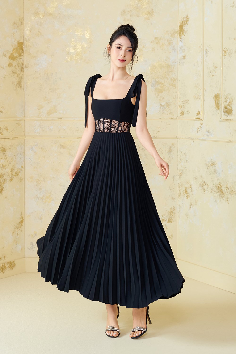 Hope Padded Ribbon Straps Pleated Maxi Dress In Classic Black
