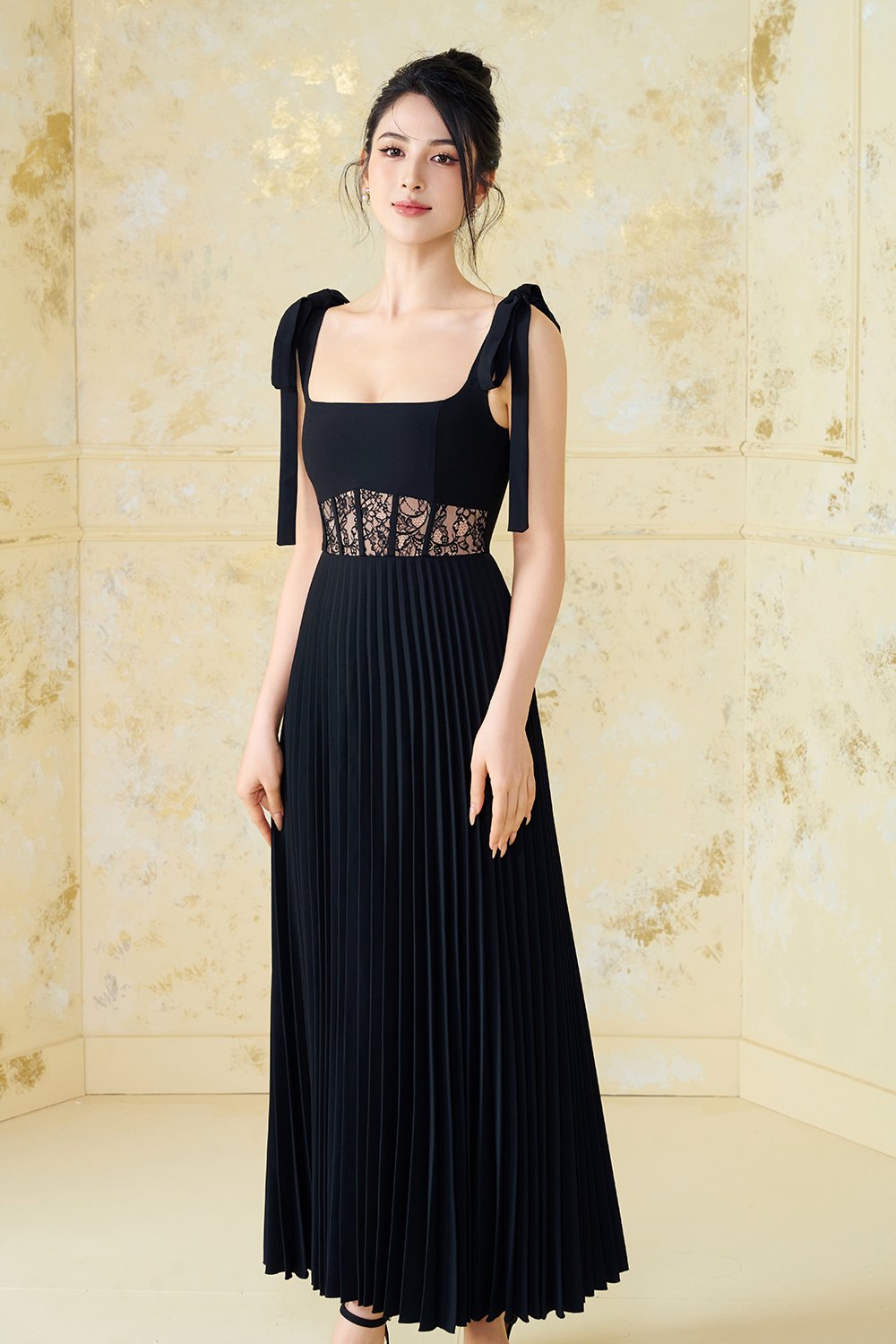Hope Padded Ribbon Straps Pleated Maxi Dress In Classic Black