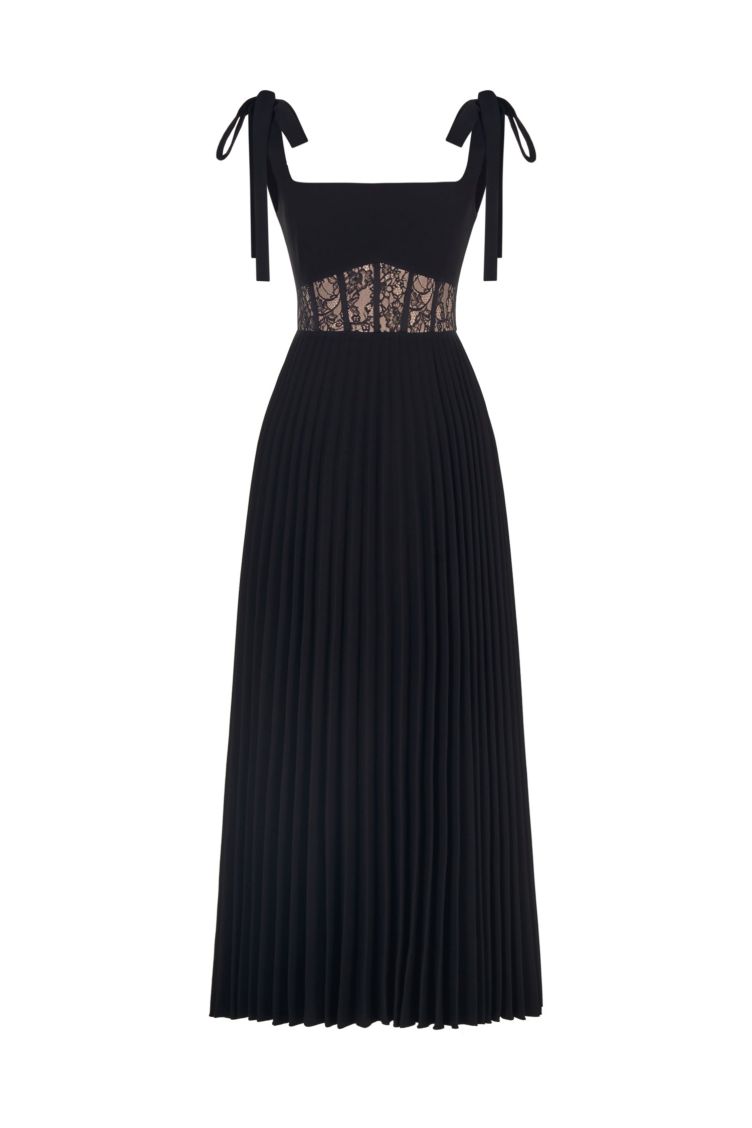 Hope Padded Ribbon Straps Pleated Maxi Dress In Classic Black