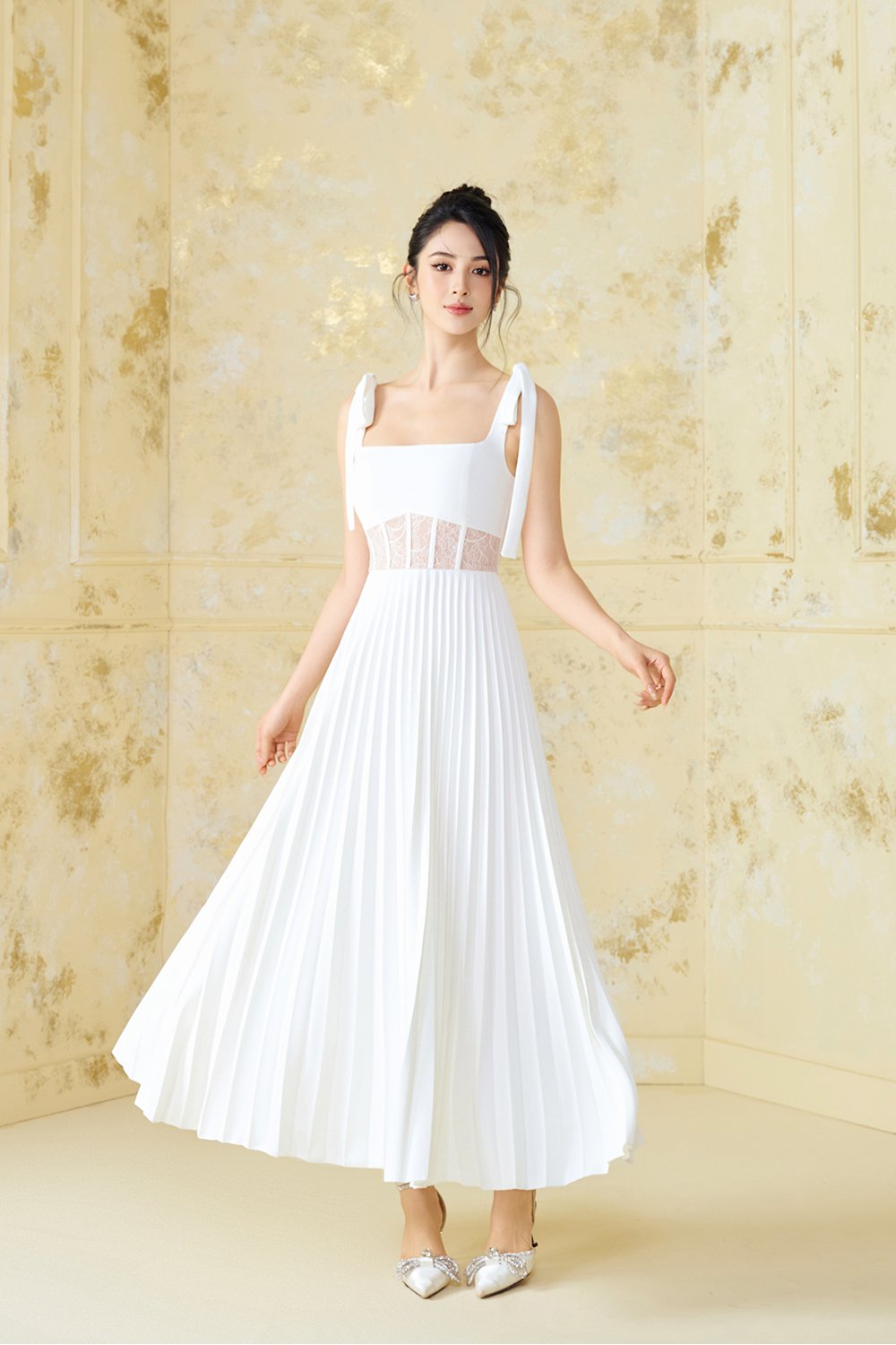 Hope Padded Ribbon Straps Pleated Maxi Dress In Iconic White