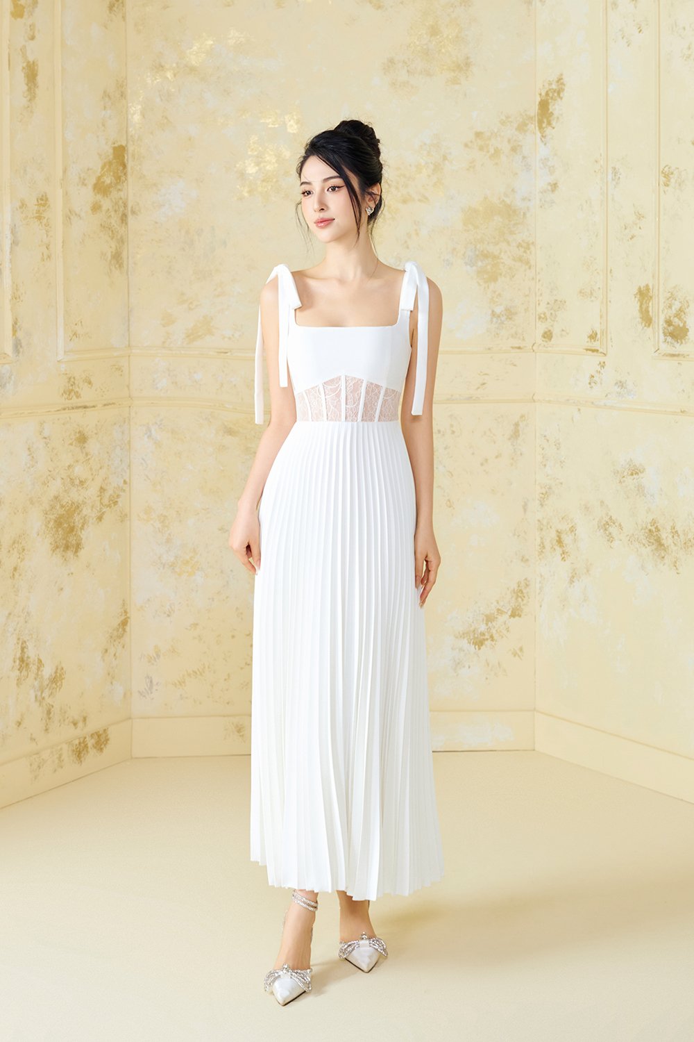 Hope Padded Ribbon Straps Pleated Maxi Dress In Iconic White