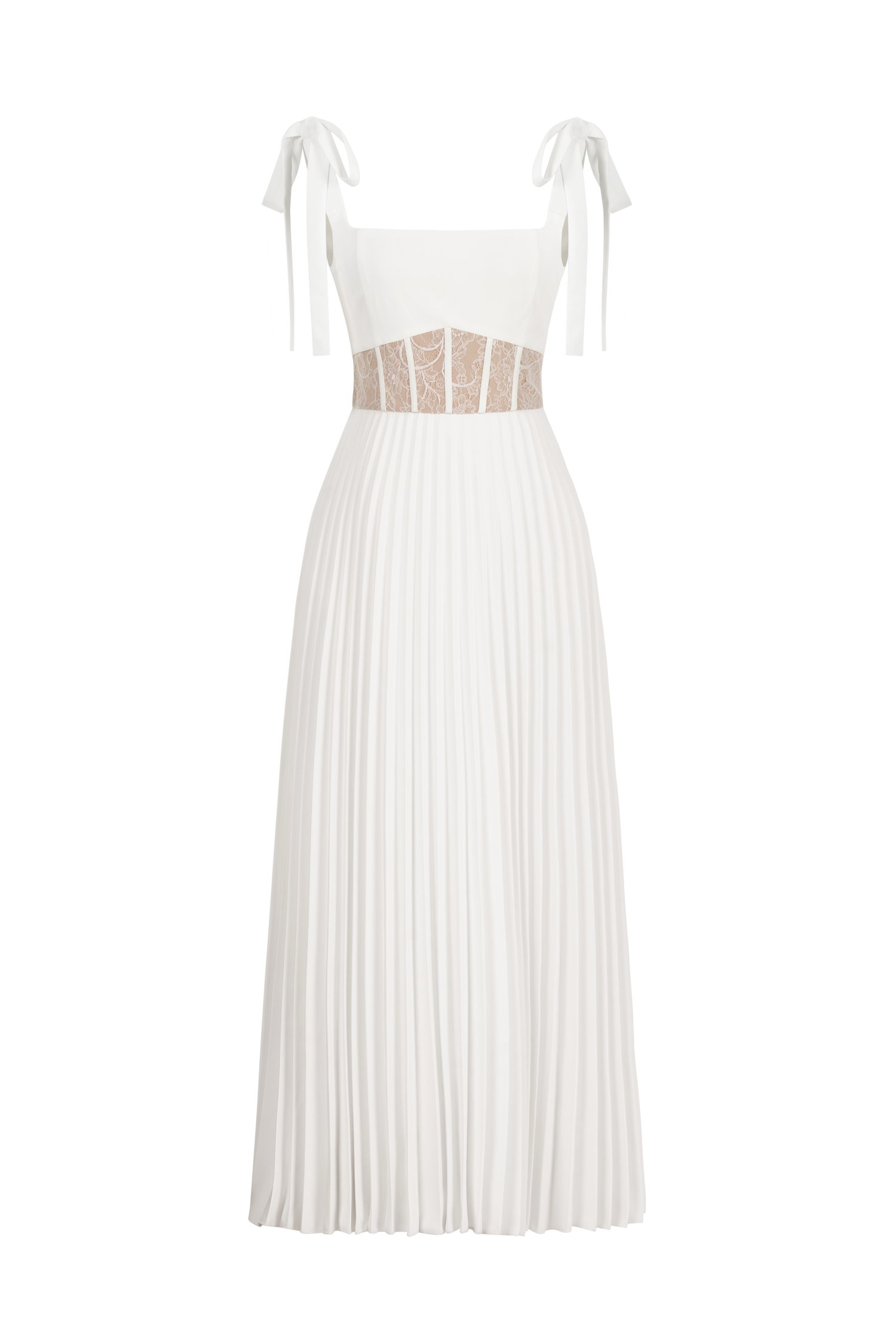 Hope Padded Ribbon Straps Pleated Maxi Dress In Iconic White