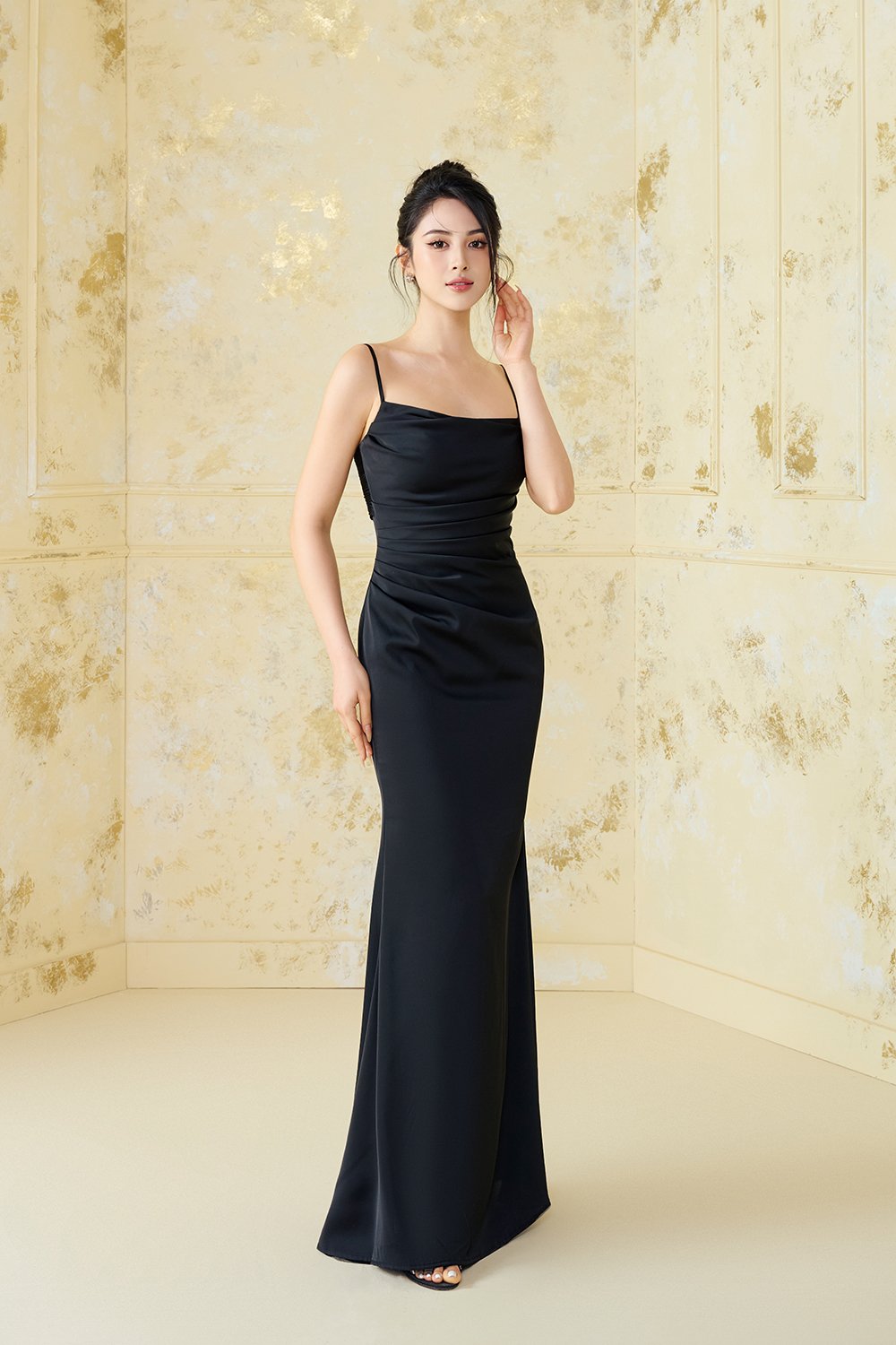 Krystelle Silky Satin Padded Maxi Dress in Classic Black