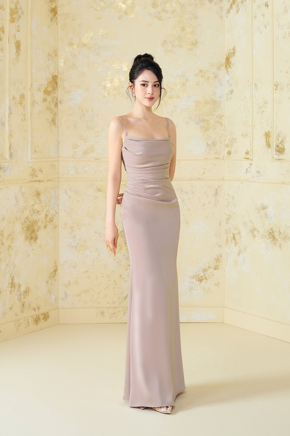 Krystelle Silky Satin Padded Maxi Dress in Rose Gold Champagne