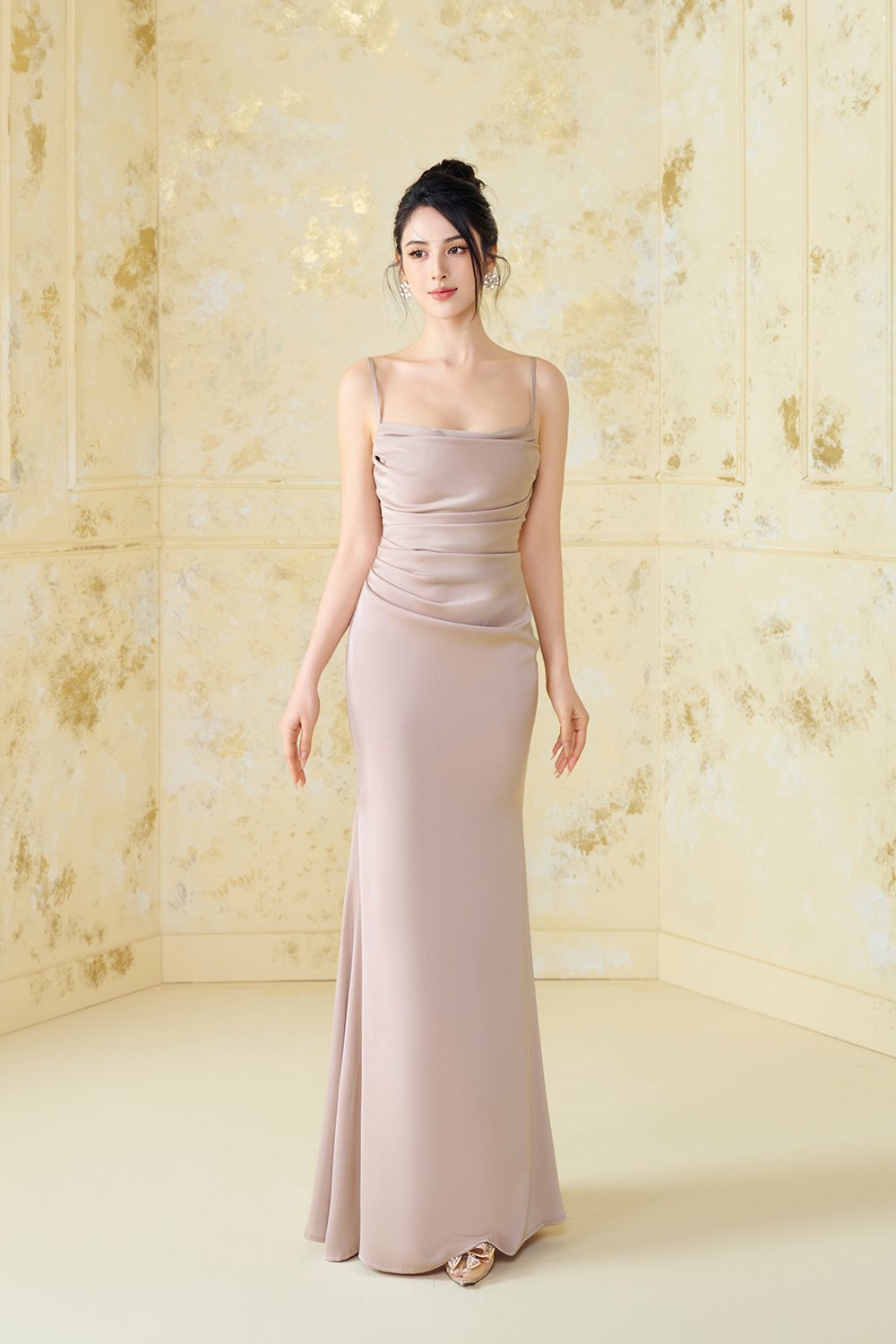 Krystelle Silky Satin Padded Maxi Dress in Rose Gold Champagne