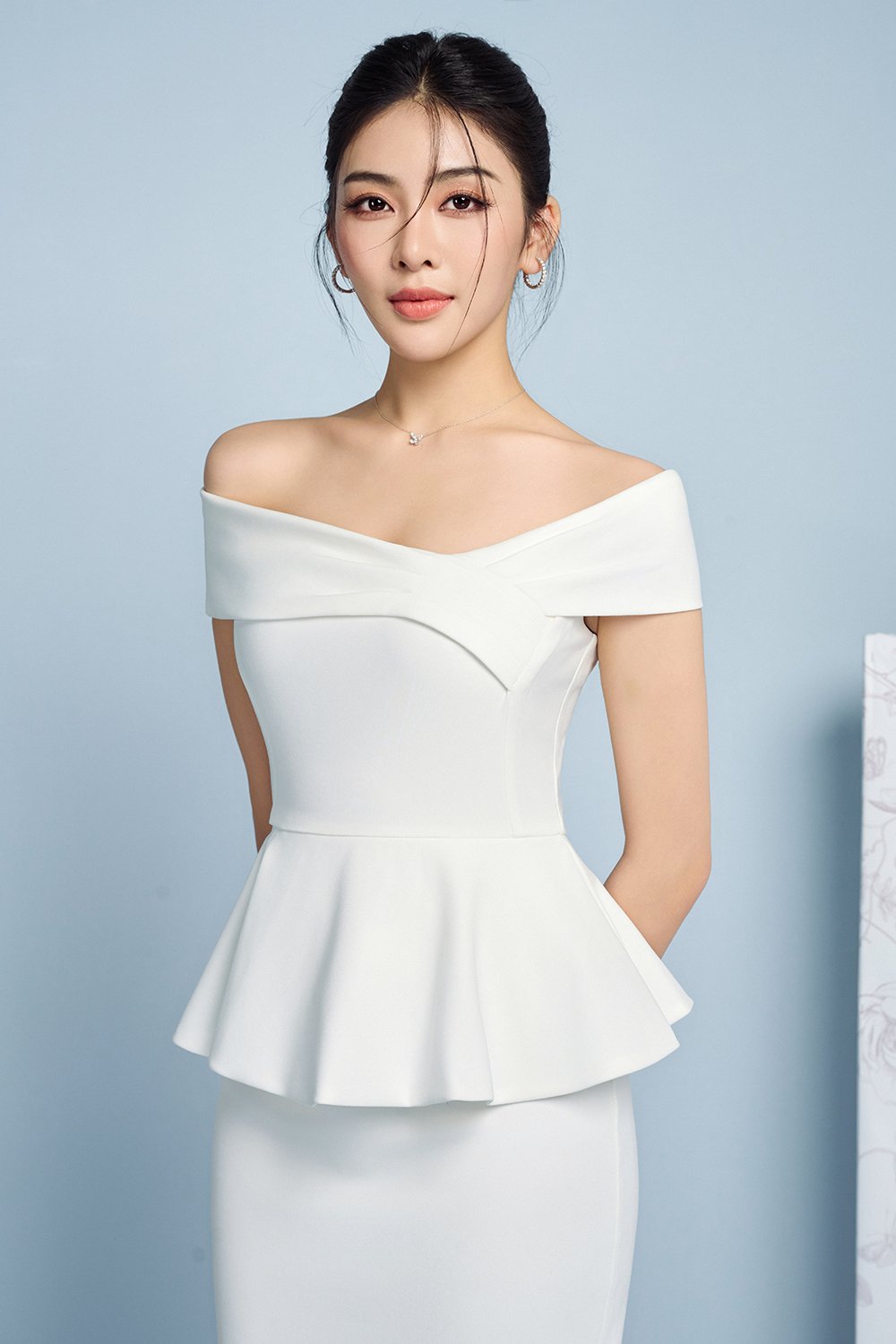 Lucille Off the Shoulder Pepum Pencil Dress in Iconic White