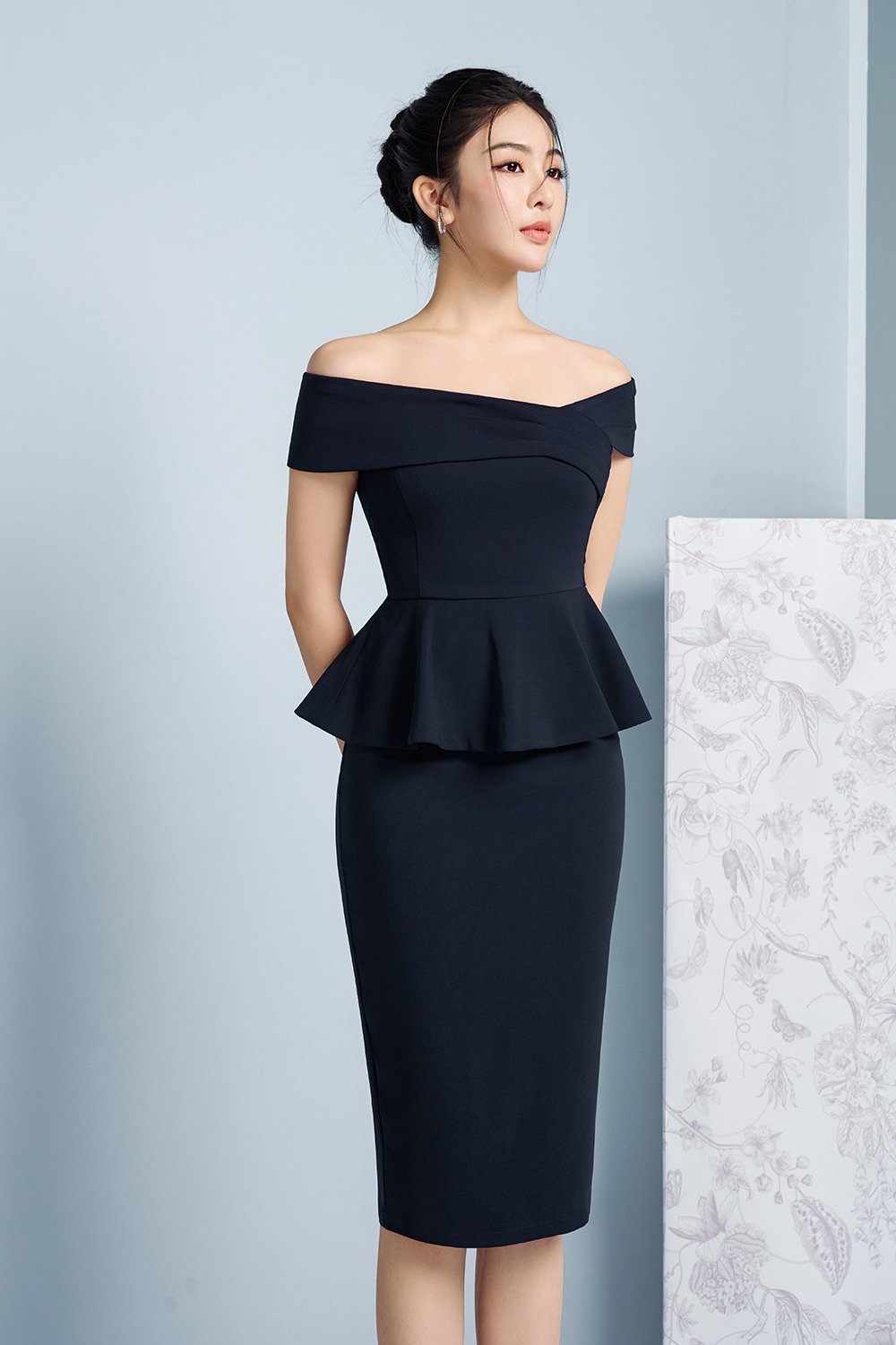 Lucille Off the Shoulder Pepum Pencil Dress in Navy Blue