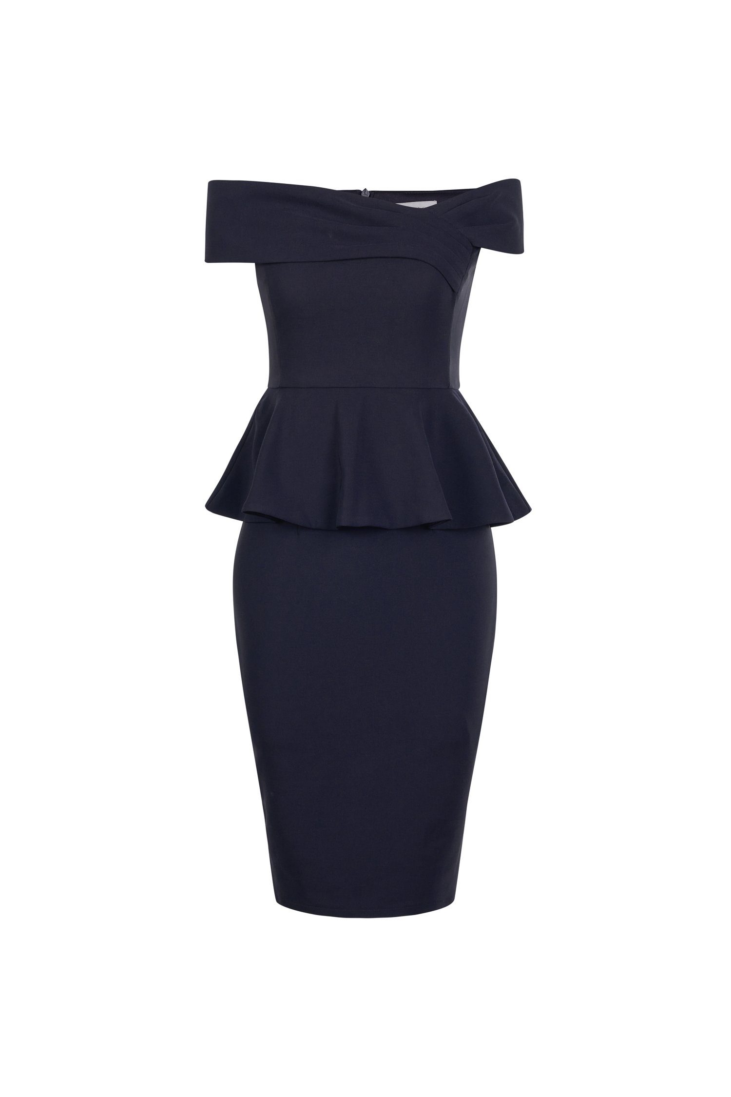 Lucille Off the Shoulder Pepum Pencil Dress in Navy Blue