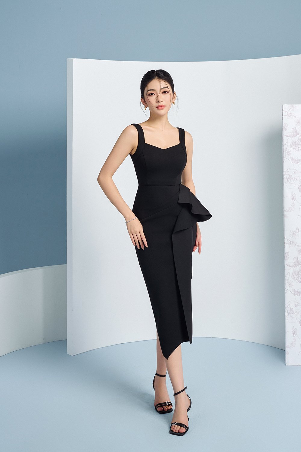 Odessa Asymmetric Origami Dress in Classic Black