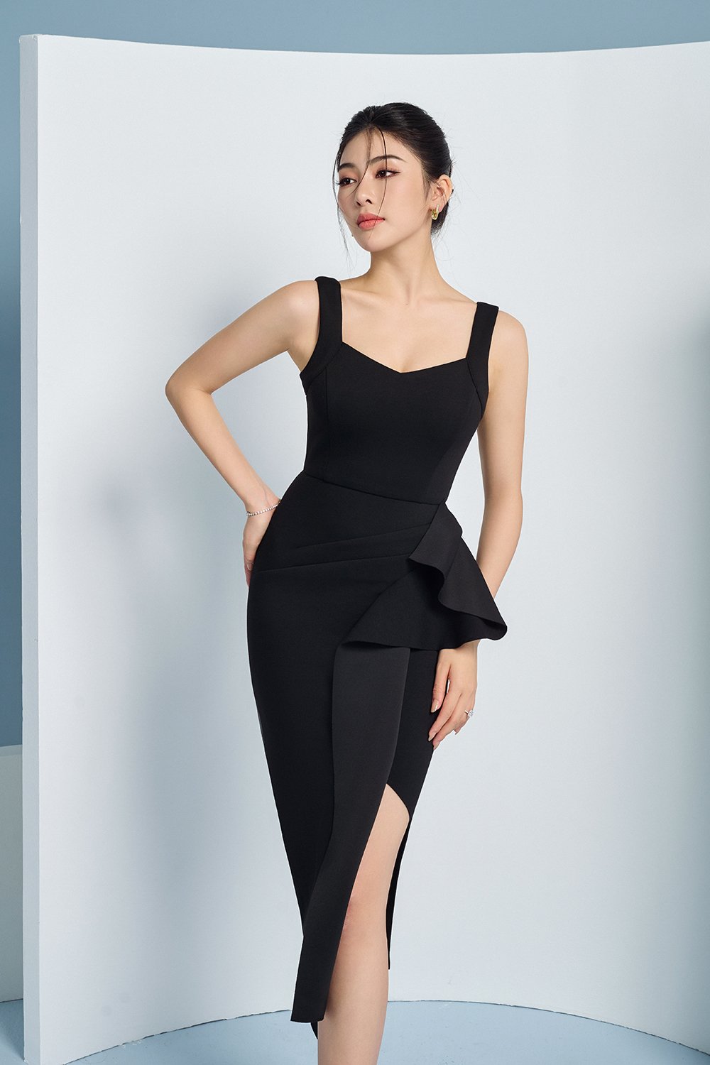 Odessa Asymmetric Origami Dress in Classic Black