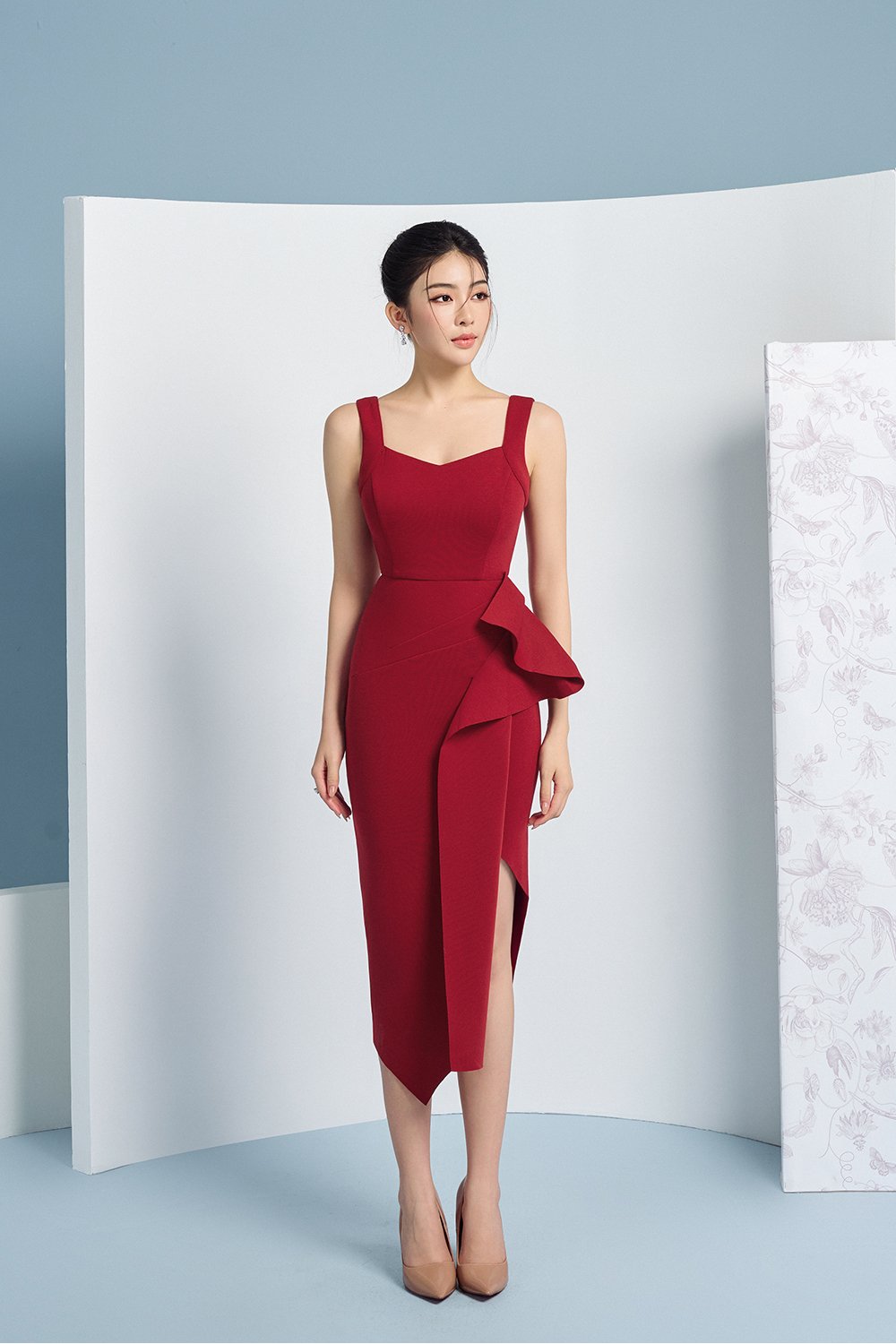 Odessa Asymmetric Origami Dress in Wine Red