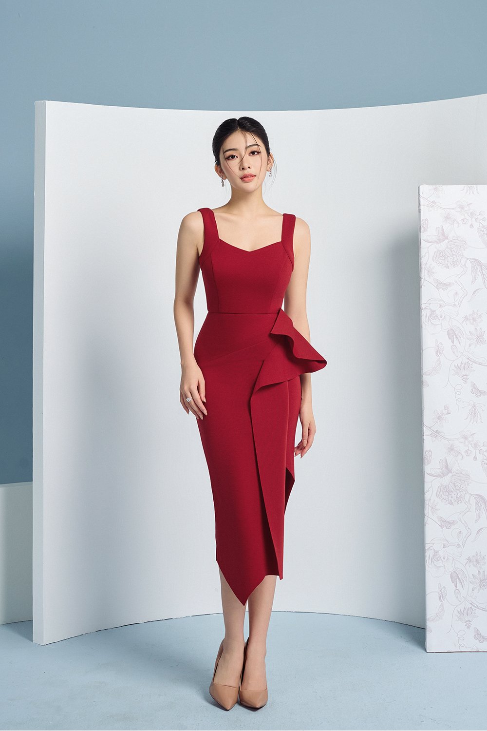 Odessa Asymmetric Origami Dress in Wine Red