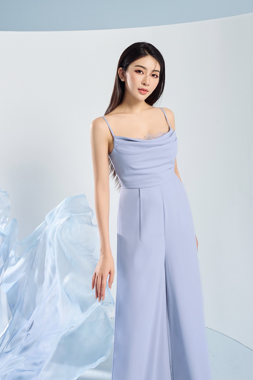 Rhys Cowl Neck Lace Jumpsuit in Grey Blue