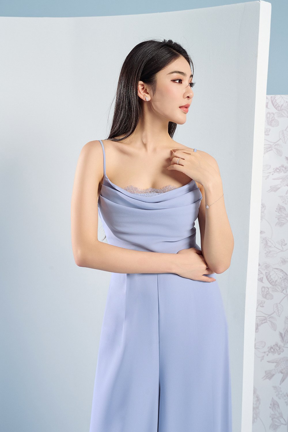 Rhys Cowl Neck Lace Jumpsuit in Grey Blue