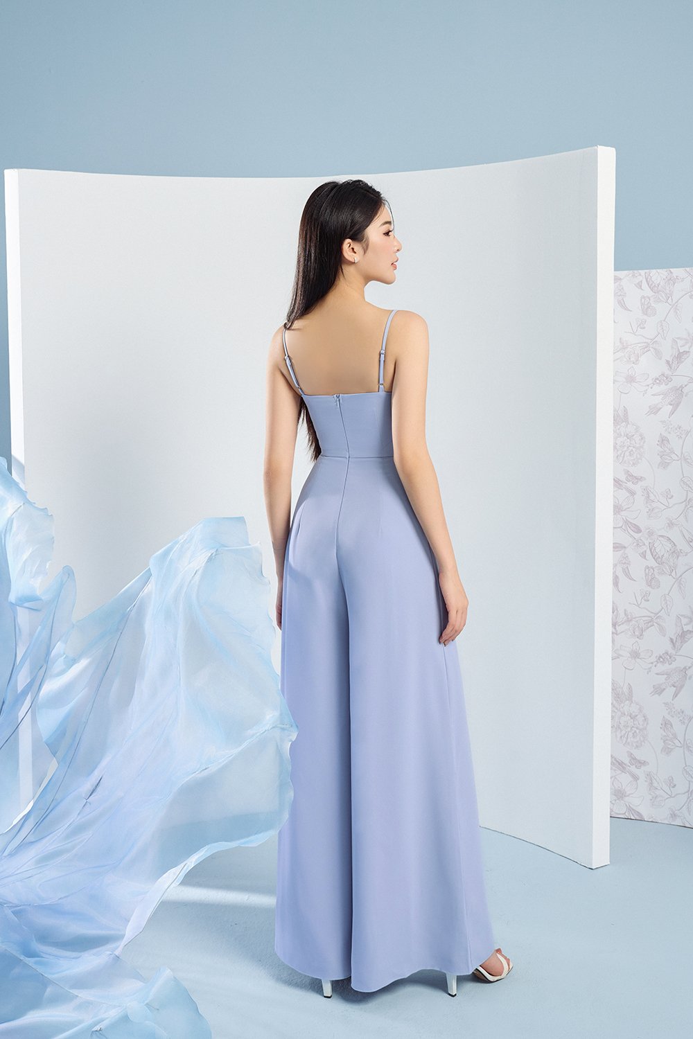 Rhys Cowl Neck Lace Jumpsuit in Grey Blue