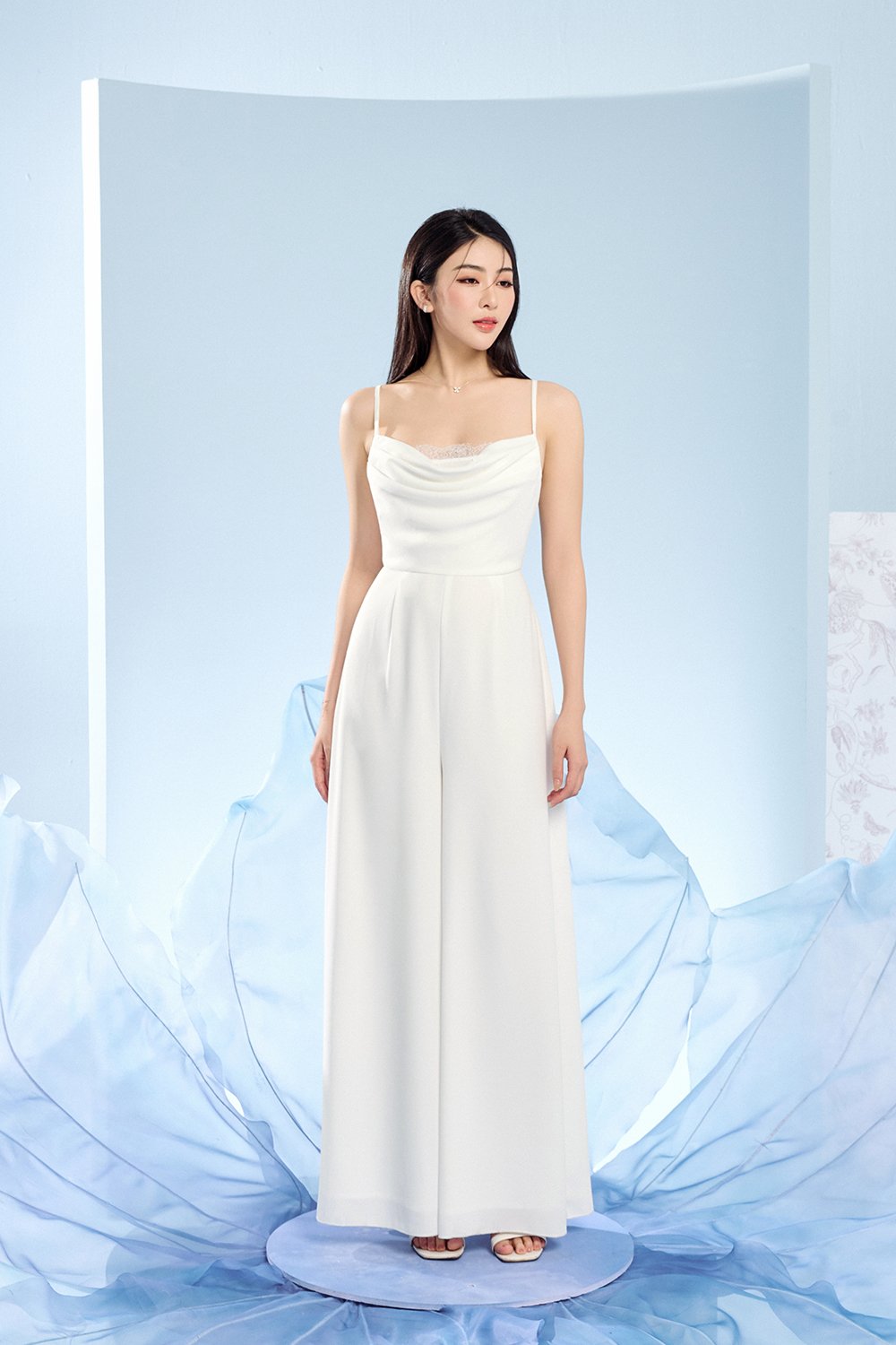 Rhys Cowl Neck Lace Jumpsuit in Iconic White