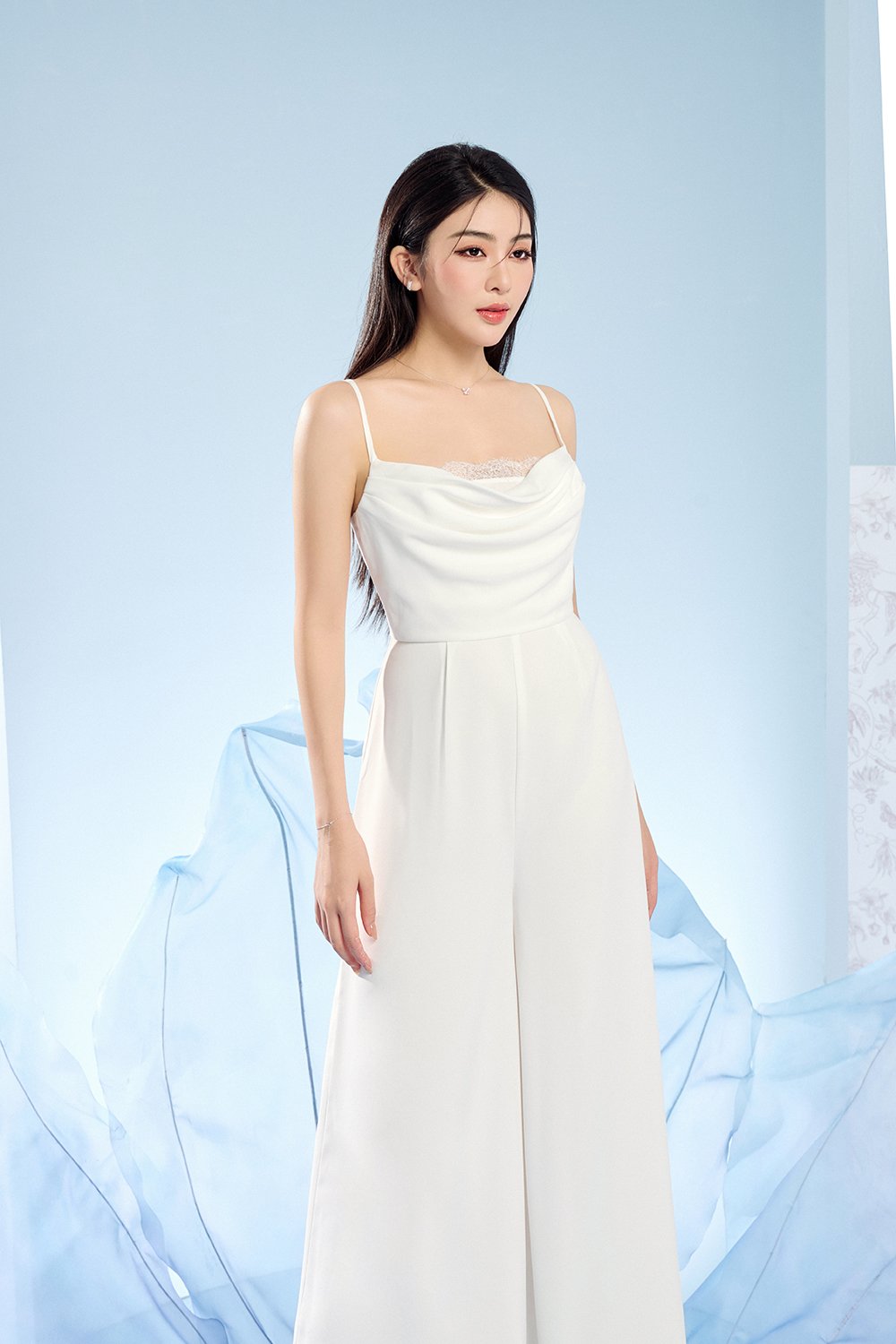 Rhys Cowl Neck Lace Jumpsuit in Iconic White