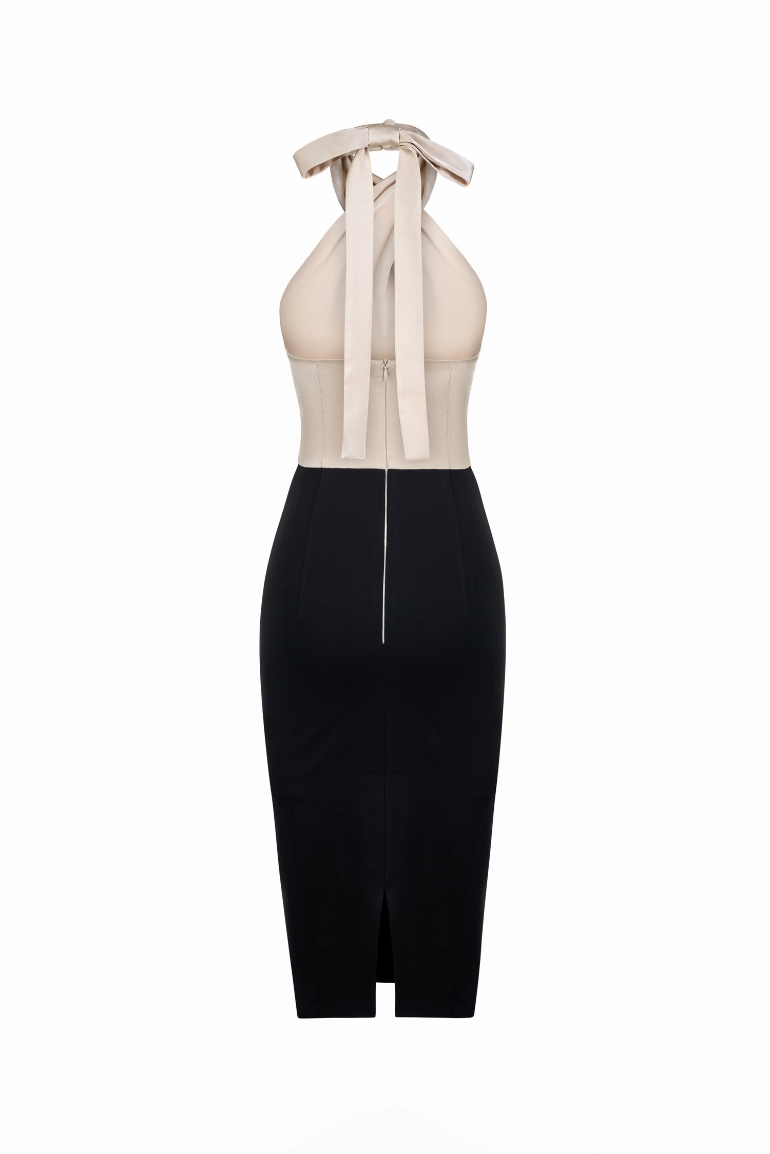 Veryn Detachable Ribbon Halter Neck Pencil Dress in Cream/Black