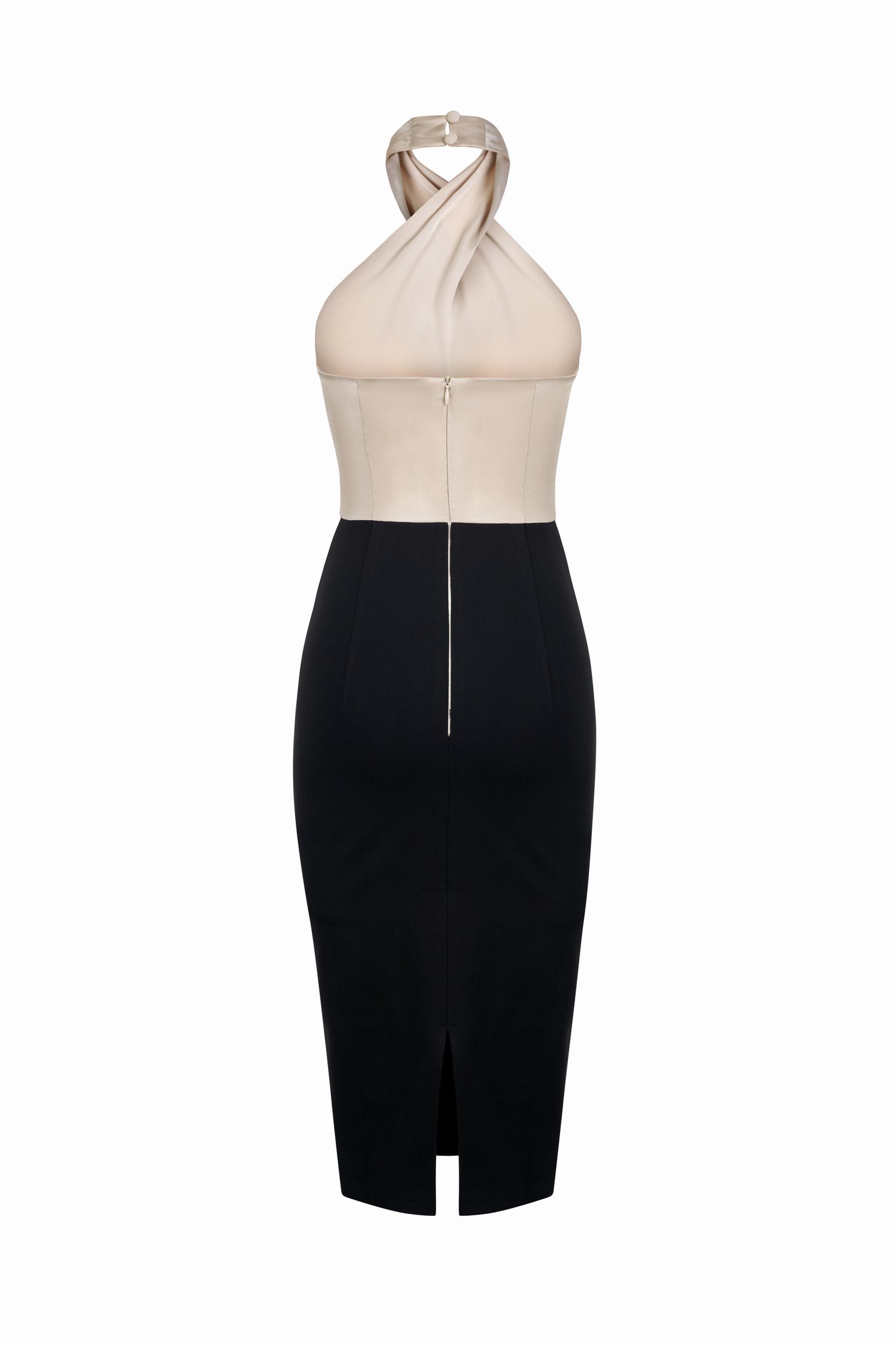 Veryn Detachable Ribbon Halter Neck Pencil Dress in Cream/Black